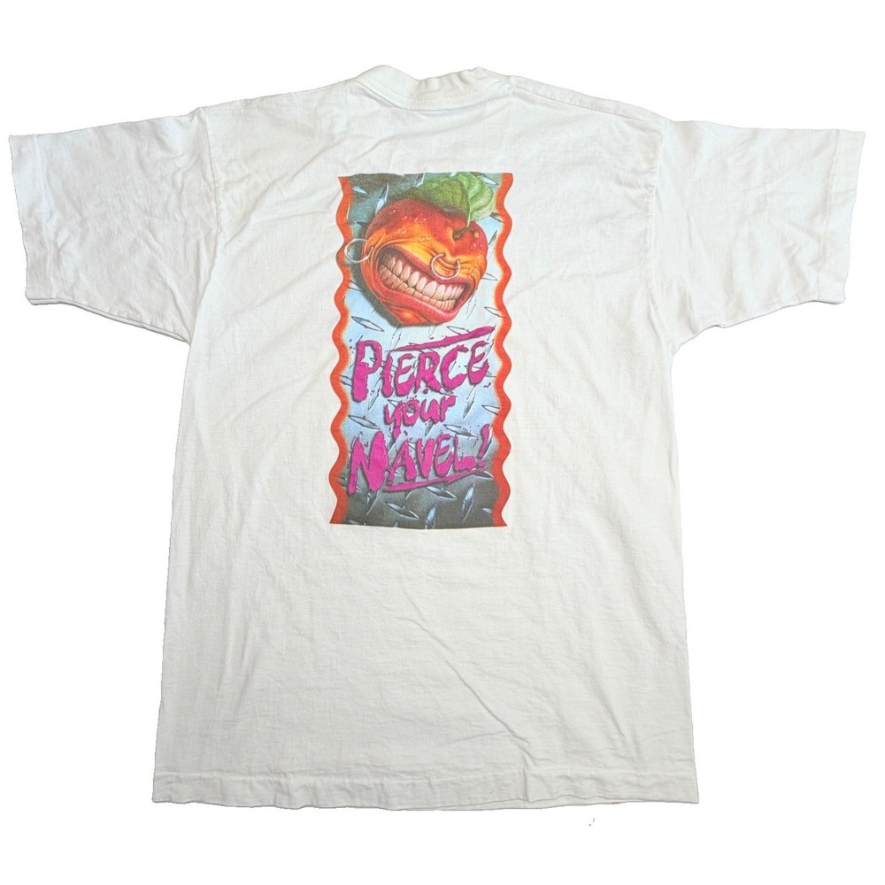 Vintage 90s DeKuyper Pierced Navel T-Shirt Men's L White Single Stitch Orange